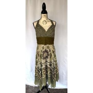 Sangria Halter 100% Silk Dress Y2K Size 14 Olive Green Cocktail Party